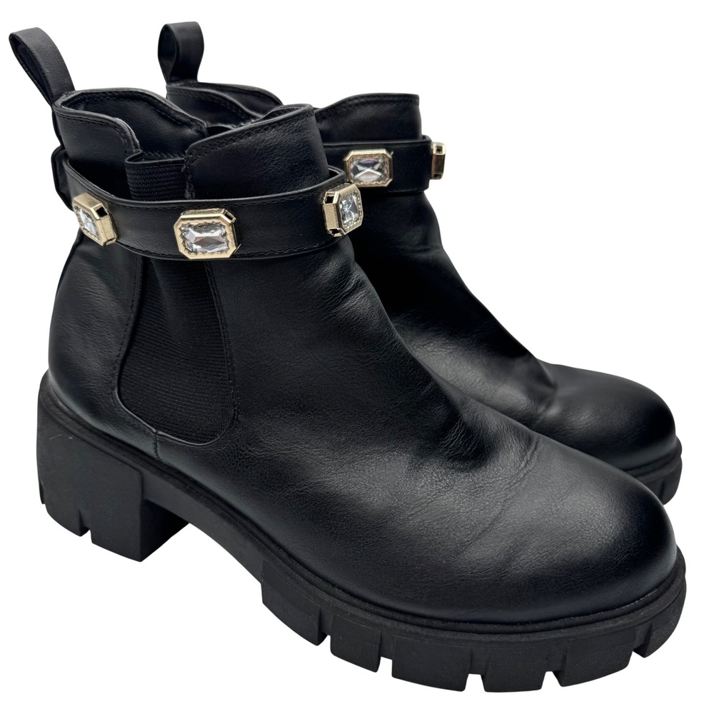 Madden NYC Black Rhinestone Strap Platform Lug Sole Chelsea Boots Size 10